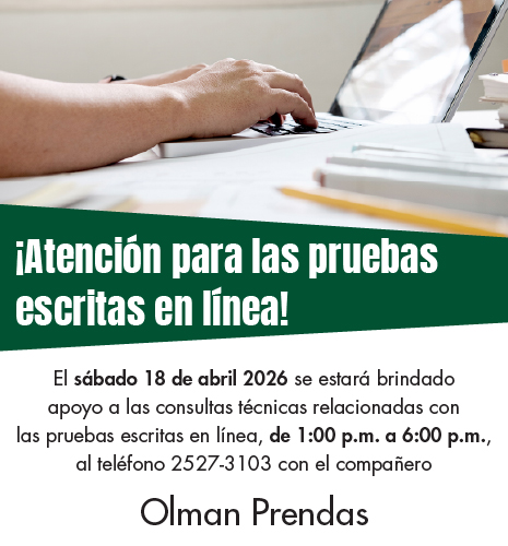 Atención de pruebas sábado 18 abril de 1pm a 6pm al telefono 25273103 con Olman Prendas